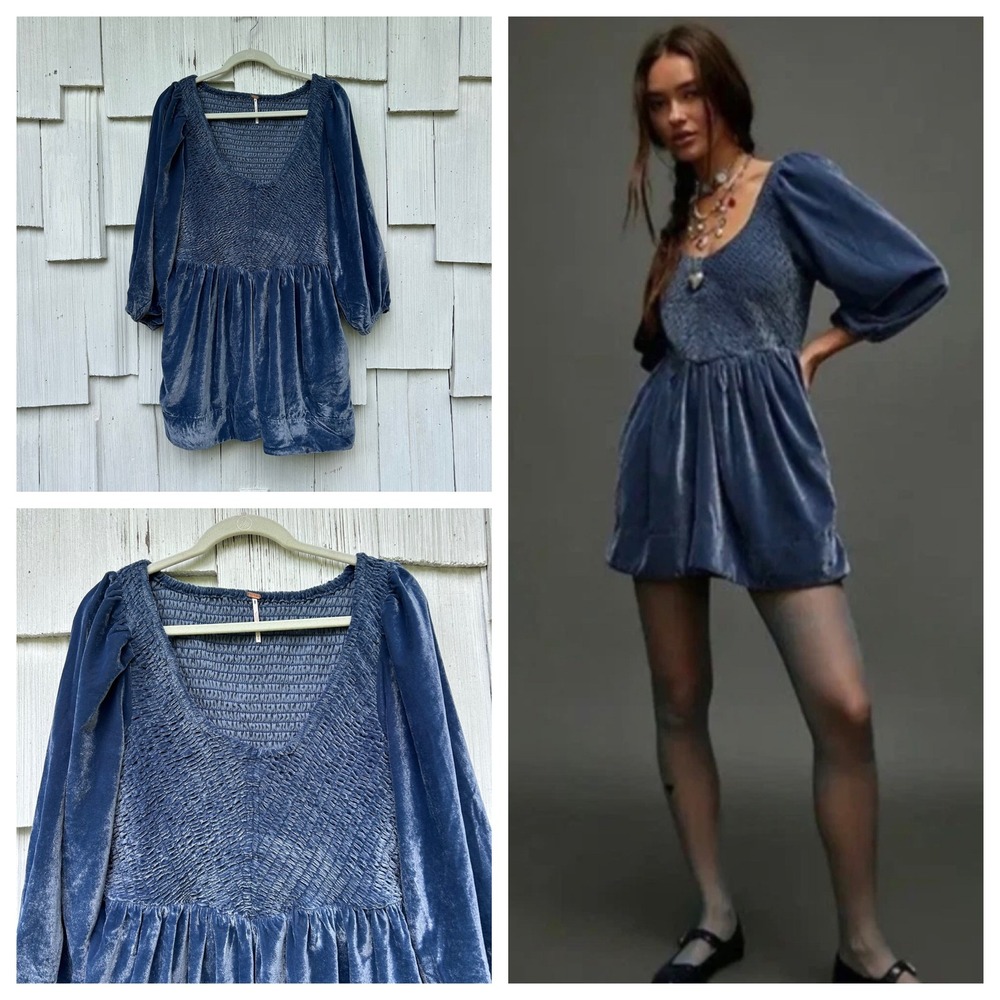 Free People Farrier Velvet Mini Dress Blue Smocked Puff Sleeve OB2138008 Size M